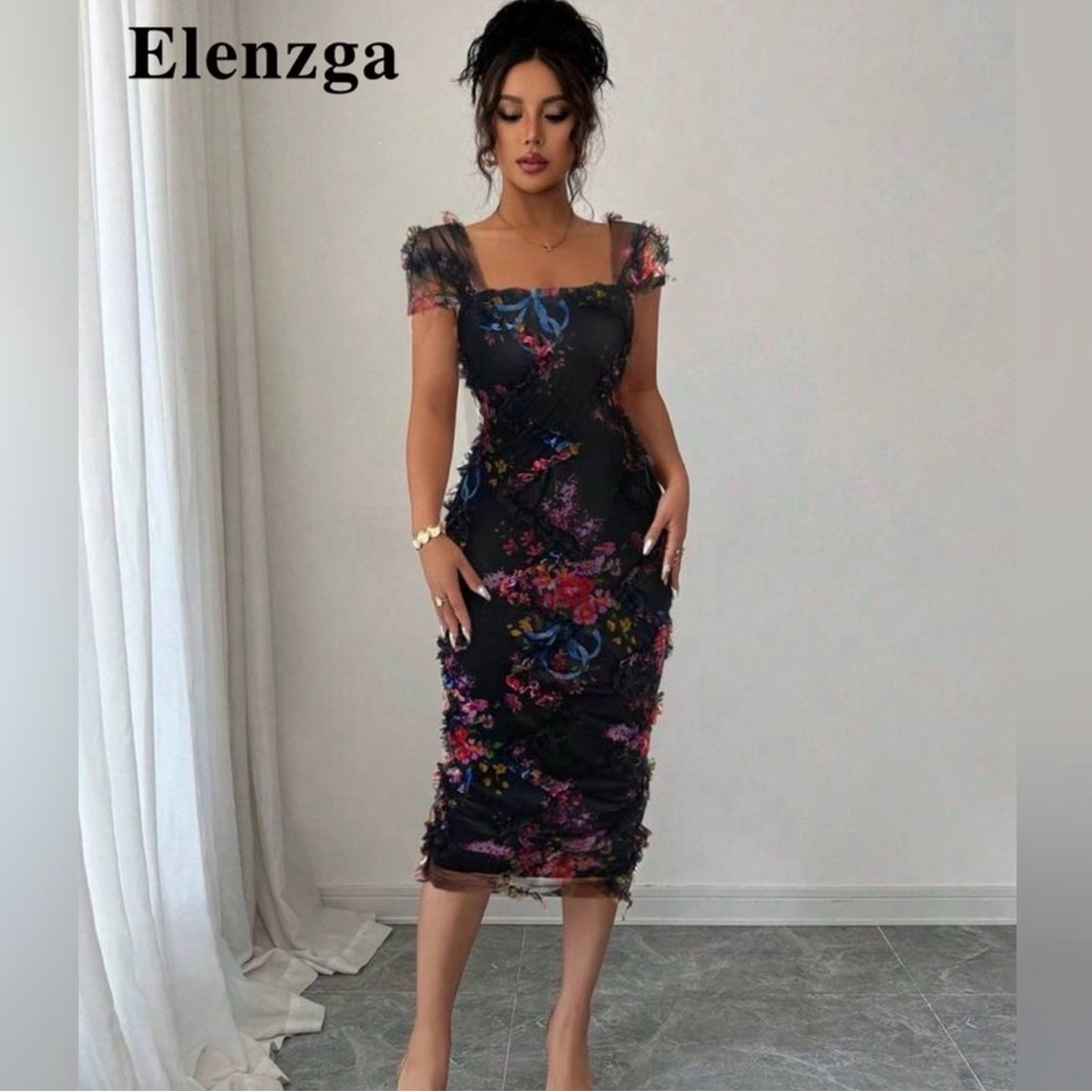 EUC Elenzga Black Floral Women's Midi Dress - Picture 3 of 5